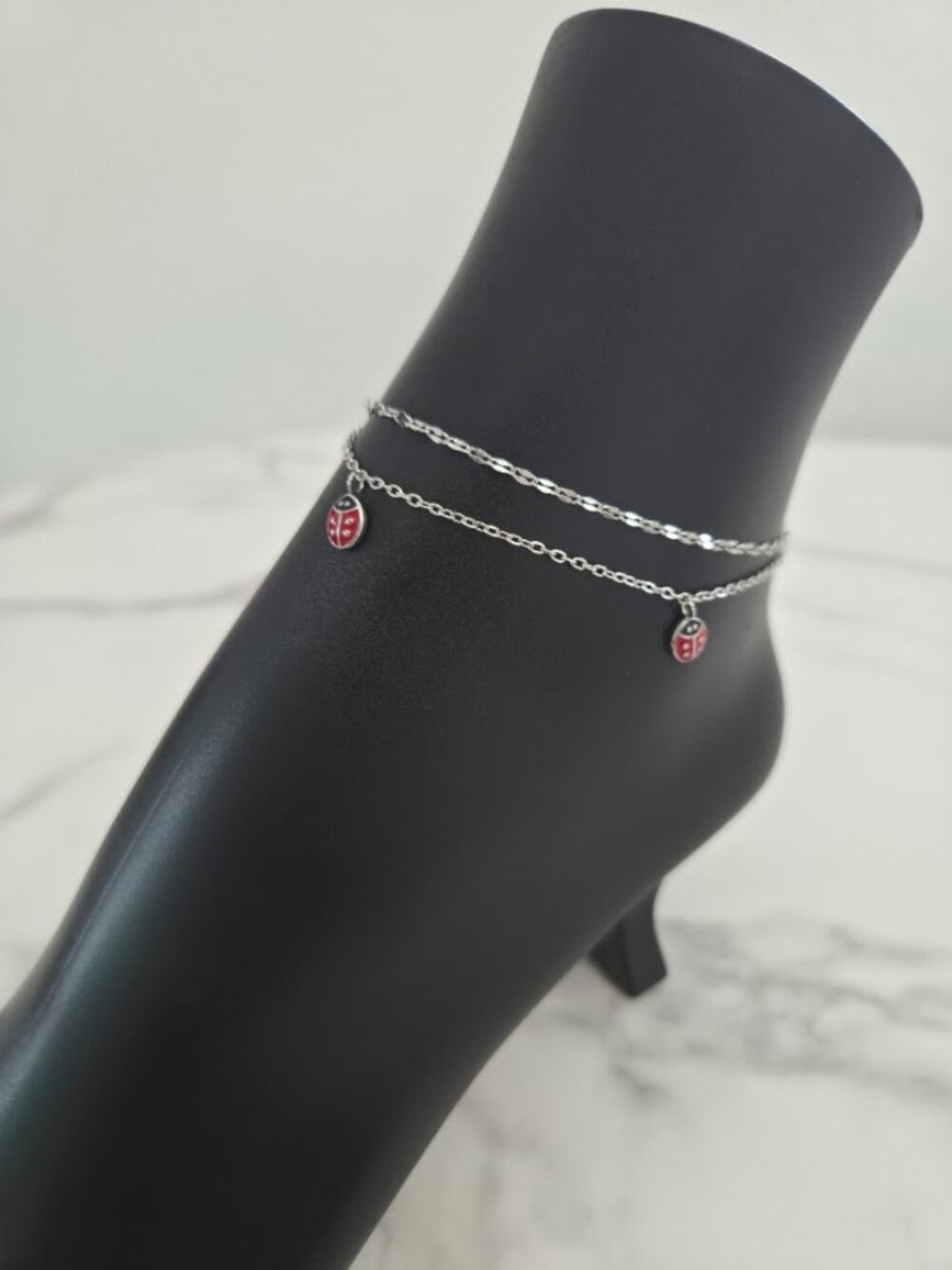 Dainty Ladybug Double Chain Anklet Silver Tone Minimalist Summer Jewelry - Picture 6 of 15